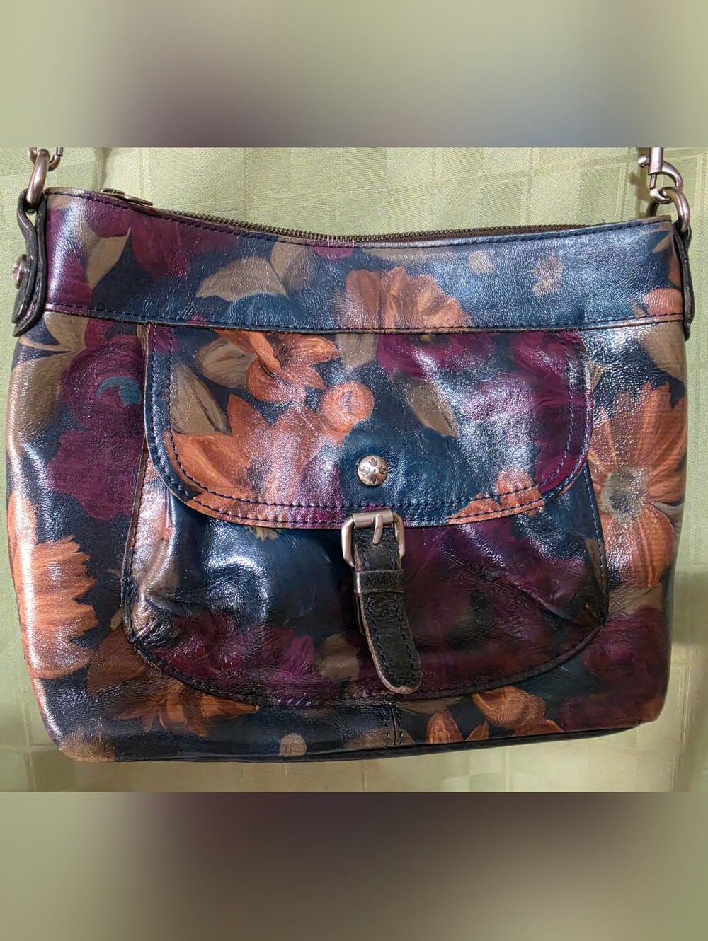 Patricia Nash Hand-Painted Floral Leather Shoulder Bag - Purple & Brown & Black